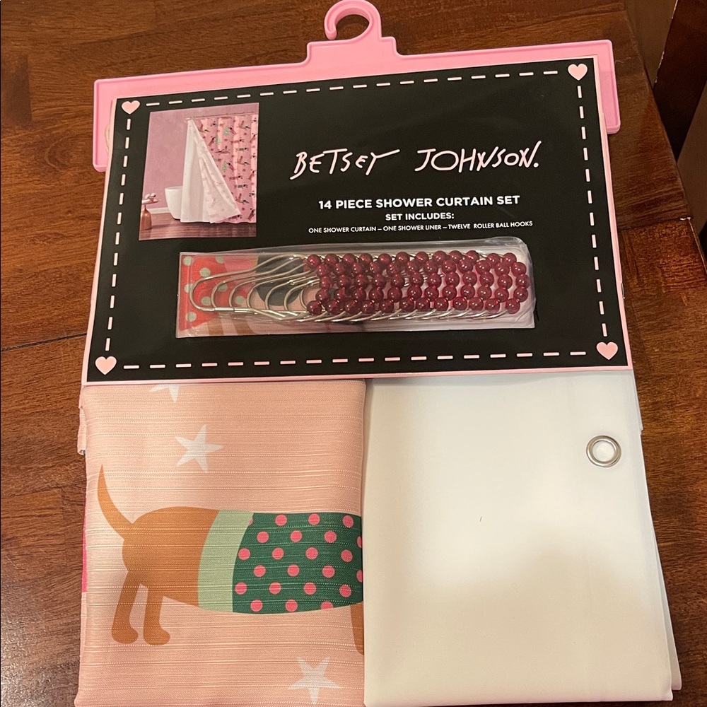 Betsey Johnson Pink and White Dachshund Shower Curtain Set